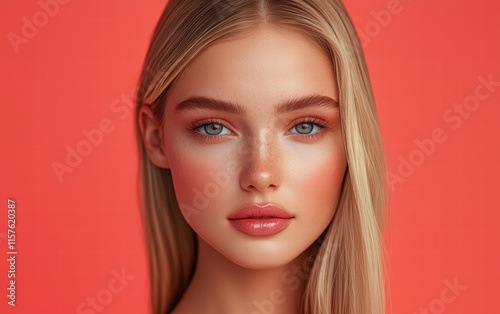 Blonde woman with sleek straight hair and soft makeup, set against a bright coral background
