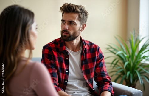 Young man consults female psychologist in indoor therapy session. Sits, listens intently. Attentively listens. Mental health care concept. Pro consultation. Help, stress, problem, solution. Indoor photo