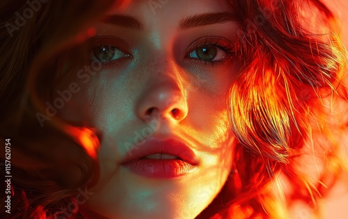 A detailed headshot of a woman with her hair styled in loose curls, her eyes reflecting light beautifully, and vibrant color grading photo