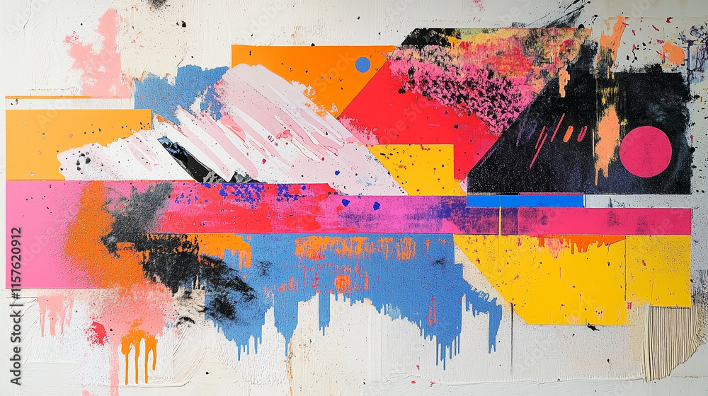 Fototapeta premium Vibrant abstract collage with geometric shapes, colorful splashes, and textured layers, ideal for modern art posters, creative backgrounds, or artistic digital designs.