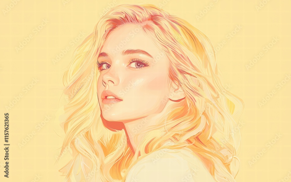 Portrait of a blonde woman with soft beachy waves and light pink blush, on a pastel lemon-yellow background Portrait of a blonde woman with soft beachy waves and light pink blush, on a pastel lemon-yellow background