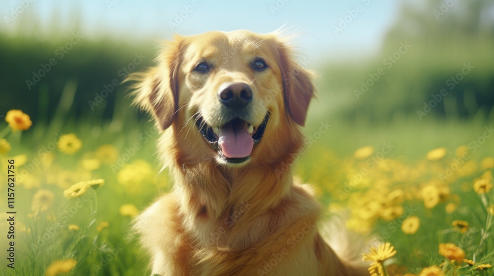 Golden Retriever Smiling in Sunny Flower Field Golden Retriever Smiling in Sunny Flower Field
