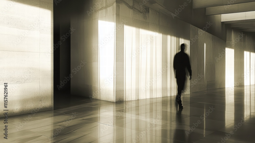A solitary figure walks through a spacious area with sleek, minimalist design and natural light casting shadows on the smooth floor. This setting exudes a calm, contemporary ambiance A solitary figure walks through a spacious area with sleek, minimalist design and natural light casting shadows on the smooth floor. This setting exudes a calm, contemporary ambiance