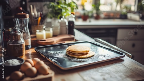 Wallpaper Mural A stack of freshly made pancakes sits on a black baking sheet on a kitchen counter.  Surrounding it are eggs, flour, and other breakfast ingredients. Torontodigital.ca