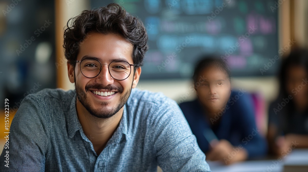 A seated teacher with a cheerful expression, gesturing while explaining a math problem on the board, students blurred behind A seated teacher with a cheerful expression, gesturing while explaining a math problem on the board, students blurred behind