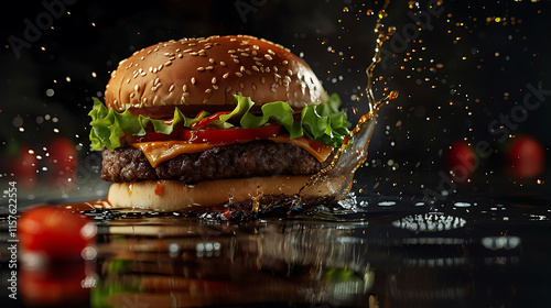 royalty free stock image of a tasty hamburger on a black background appetizing burger with sesame bun beef patty and vegetables for food blog and social media


