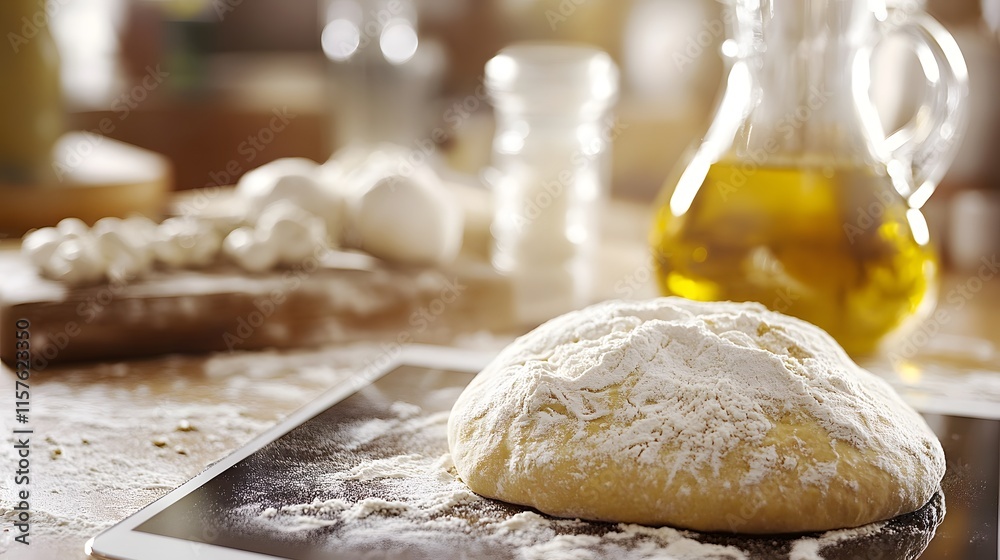 Close-up of a ball of pizza dough covered in flour, sitting on a tablet. A jar of olive oil and other baking ingredients are blurred in the background. Rustic kitchen setting. Close-up of a ball of pizza dough covered in flour, sitting on a tablet. A jar of olive oil and other baking ingredients are blurred in the background. Rustic kitchen setting.