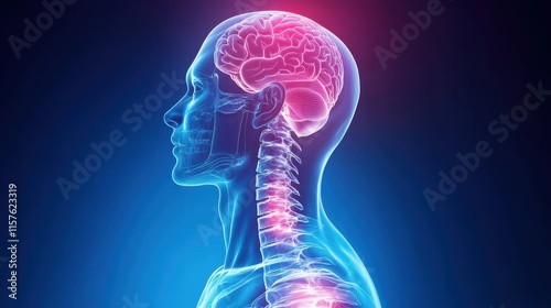 This illustration showcases a side view of the human brain and spinal column in a vibrant magnetic resonance imaging style, emphasizing neurological connections and anatomy