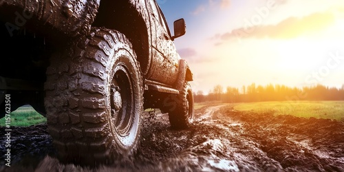 A muddy off-road vehicle driving on a dirt path during sunset, illustrating adventure and rugged terrain. Concept Off-Road Adventure, Muddy Vehicle, Sunset Scenery, Rugged Terrain, Nature Exploration photo