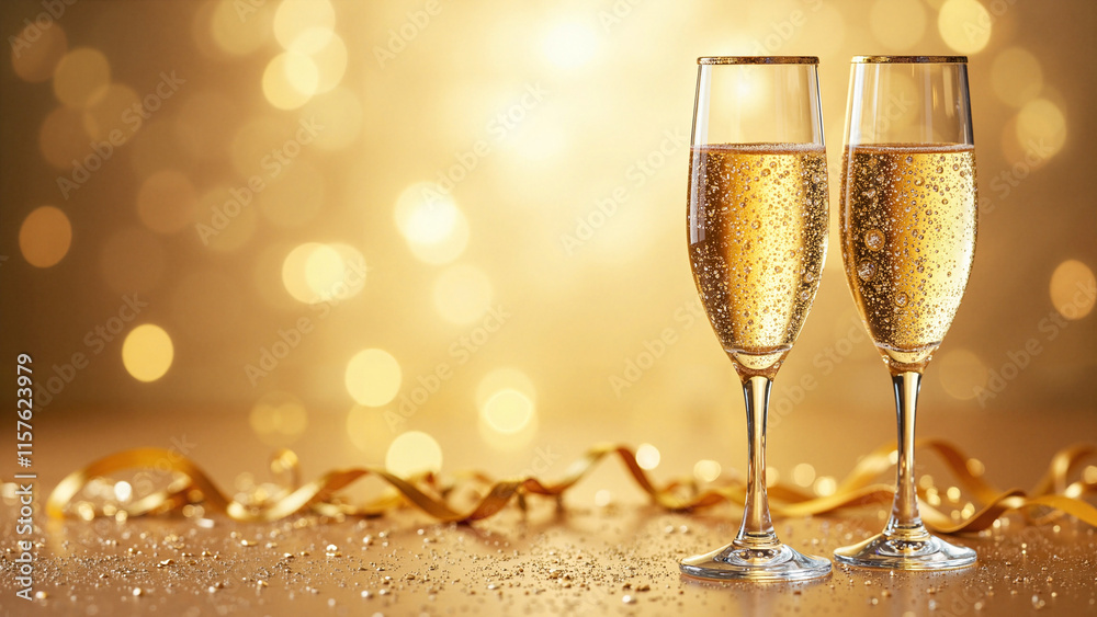 Elegant Champagne Glasses on Golden Background: Perfect for Luxury Event Marketing and Festive Invitations Elegant Champagne Glasses on Golden Background: Perfect for Luxury Event Marketing and Festive Invitations