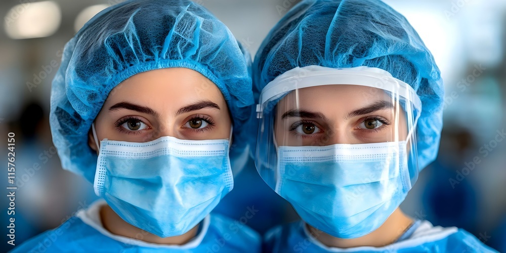 Two healthcare professionals wearing blue surgical masks, caps, and face shields, looking directly at the camera. Concept Healthcare Professionals, Surgical Masks, Face Shields, Compassionate Care Two healthcare professionals wearing blue surgical masks, caps, and face shields, looking directly at the camera. Concept Healthcare Professionals, Surgical Masks, Face Shields, Compassionate Care
