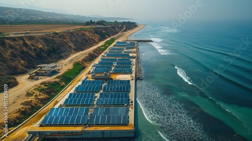 A solar-powered water desalination plant near a beach, with large solar panels and clear blue ocean waves photo