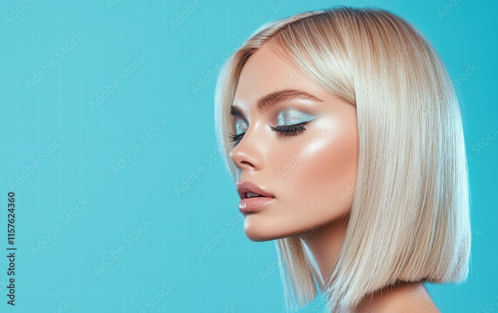 Obraz premium Blonde woman with sleek straight hair and shimmering silver eyeshadow, on a pastel blue background