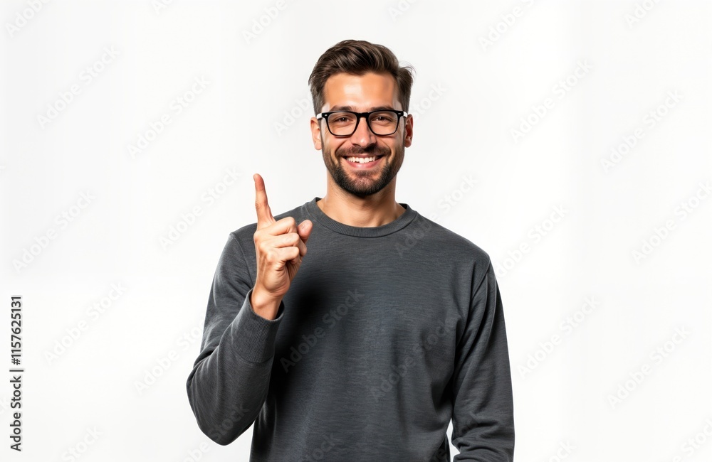 Young man points upward happily. Confident adult male expressing great idea. Caucasian with glasses, dark hair shows gesture. Isolated photo on white background. Potential customers include business, Young man points upward happily. Confident adult male expressing great idea. Caucasian with glasses, dark hair shows gesture. Isolated photo on white background. Potential customers include business,
