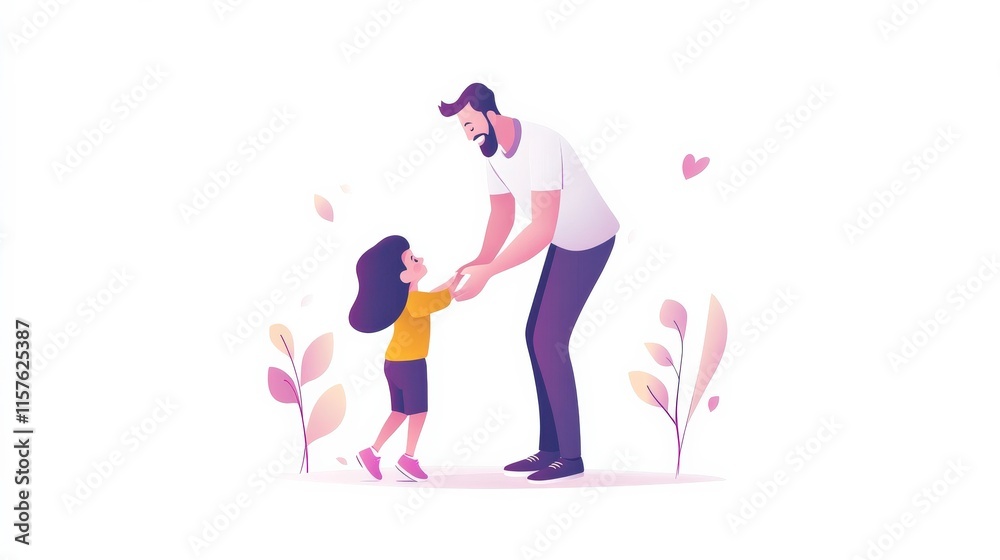 Joyful Father and Daughter Bonding Together in a Playful Moment Surrounded by Delicate Floral Illustrations and Soft Colors