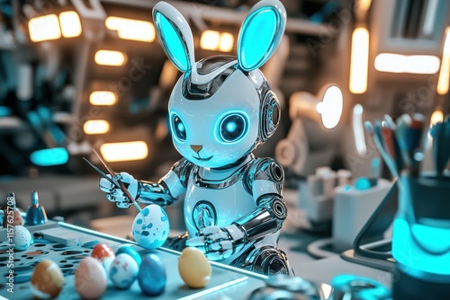 In a vibrant workshop, a cheerful robotic bunny joyfully paints colorful Easter eggs with artistic tools and glowing lights, embracing the festive spirit of joyful Easter celebrations photo