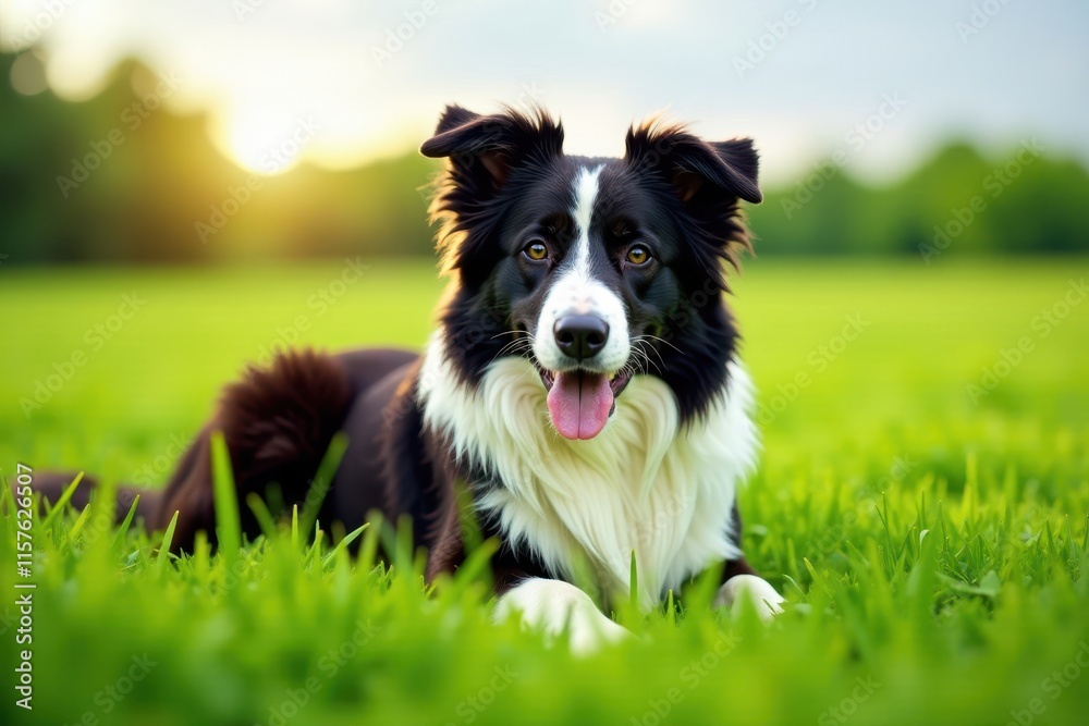 Fluffy border collie relaxing in lush green field, outdoor, nature