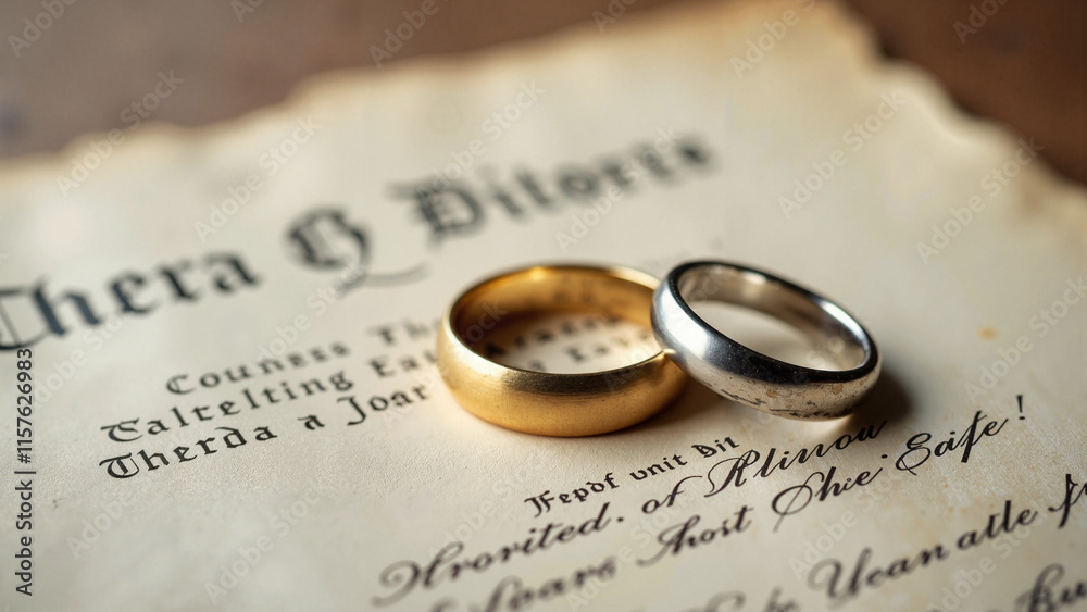 Divorce Decree with Wedding Rings: Symbolic Image for Legal Services, Counseling, and Emotional Support Resources Divorce Decree with Wedding Rings: Symbolic Image for Legal Services, Counseling, and Emotional Support Resources