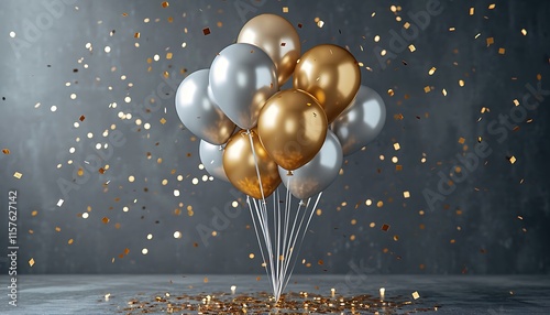A cluster of shimmering gold and silver balloons floats against a dark backdrop, surrounded by falling confetti, creating a festive and celebratory atmosphere.