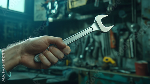 Wallpaper Mural Caucasian male hand holding wrench in rustic workshop setting Torontodigital.ca