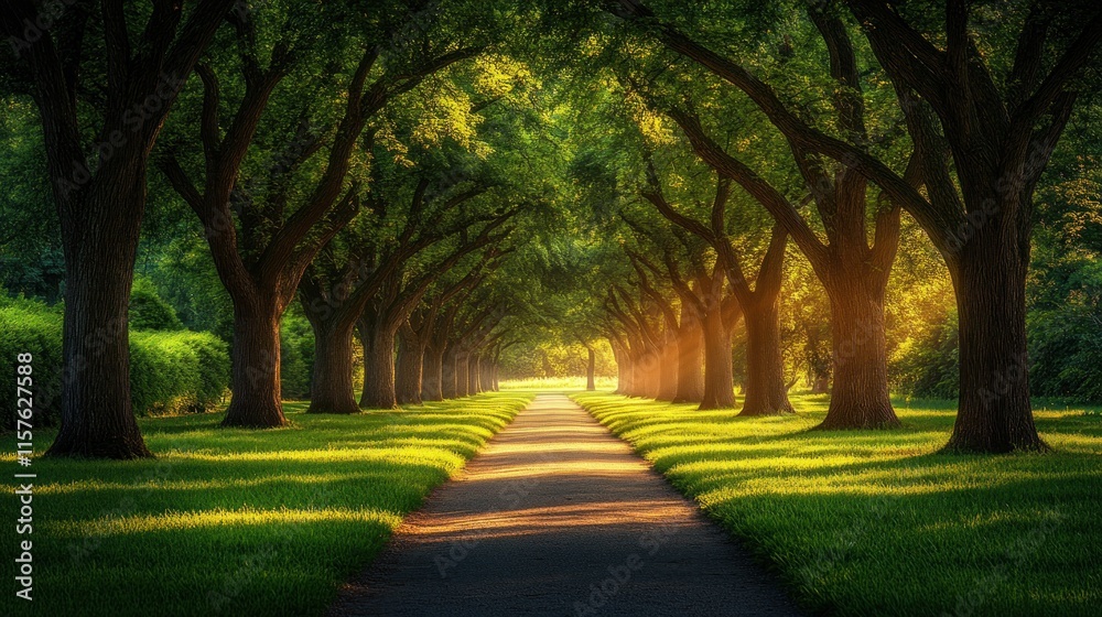 A serene tree-lined pathway illuminated by sunlight, inviting tranquility and reflection. A serene tree-lined pathway illuminated by sunlight, inviting tranquility and reflection.