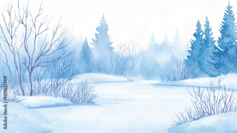 Serene Winter Landscape with Snow-Covered Trees and Foggy Atmosphere