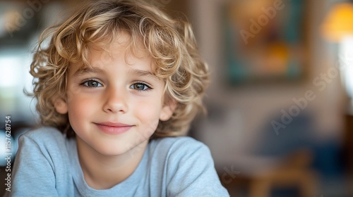 Portrait of a smiling boy with blond curly hair.