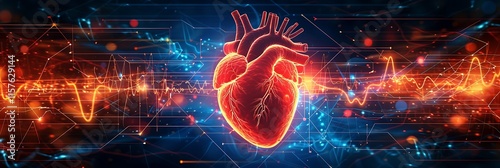 A vibrant, detailed human heart pulsates against a backdrop of swirling electrical waves and glowing circuitry, symbolizing the intricate electrical activity that drives the heart's rhythm.