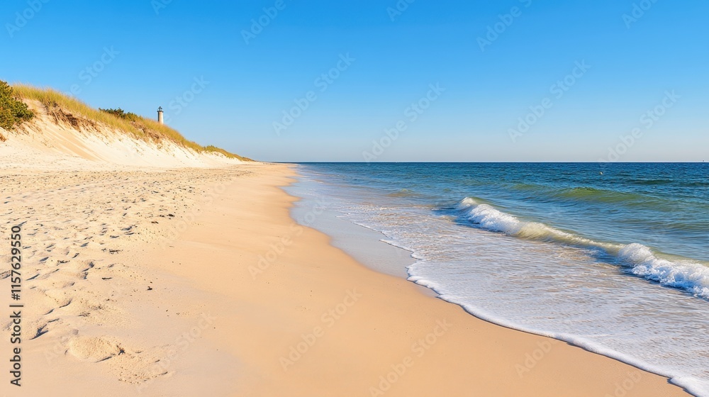 Serene Beachscape with Gentle Waves and Lighthouse Under Clear Blue Sky Serene Beachscape with Gentle Waves and Lighthouse Under Clear Blue Sky