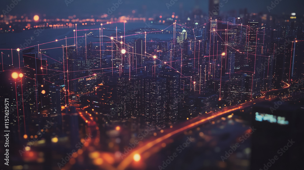 Naklejka premium Smart digital Innovation city with connection network reciprocity over the cityscape. of future smart wireless digital city and social media networking systems that connects people with in city