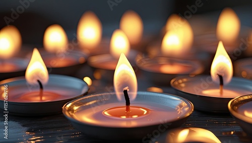 Close up of burning tea candles. By
