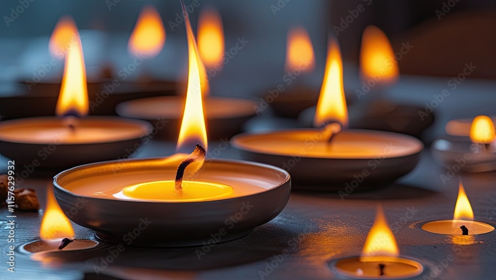 Close up of burning tea candles. By Close up of burning tea candles. By