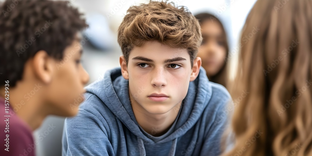 Obraz premium A young person with light brown hair looks intently at two peers during a discussion in a classroom setting. Concept Classroom Discussion, Engaged Learning, Peer Interaction, Intense Focus