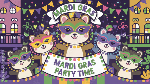 Cartoon bears in masks with beads for Mardi Gras party. Banner for design, print, card, poster, flyer. Top view. Copy space