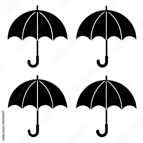 Four Simple Black Umbrellas Against a White Background