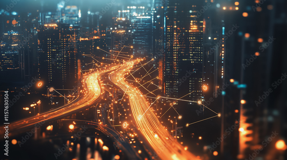 Fototapeta premium Smart digital Innovation city with connection network reciprocity over the cityscape. of future smart wireless digital city and social media networking systems that connects people with in city