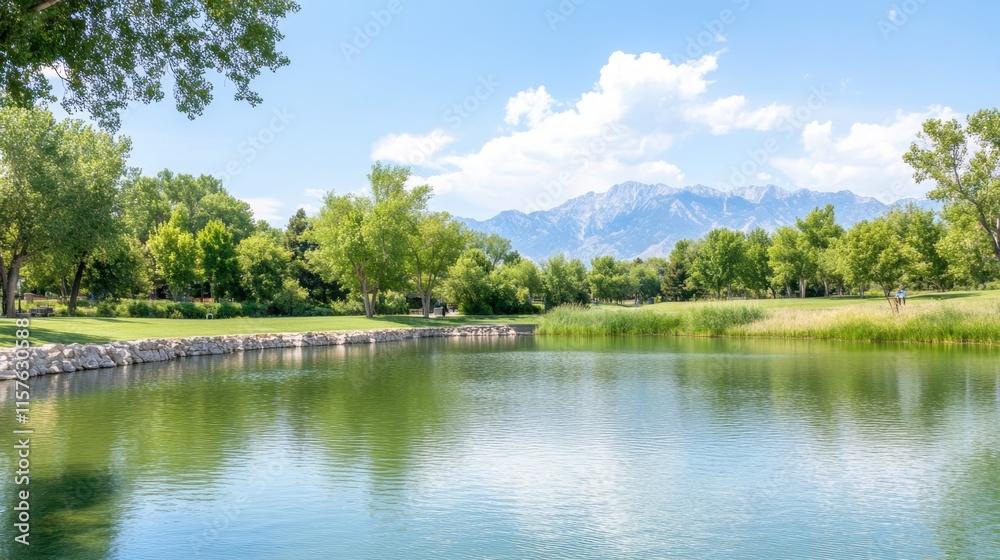 Serene Lakeside View with Lush Green Trees and Majestic Mountain Background Serene Lakeside View with Lush Green Trees and Majestic Mountain Background