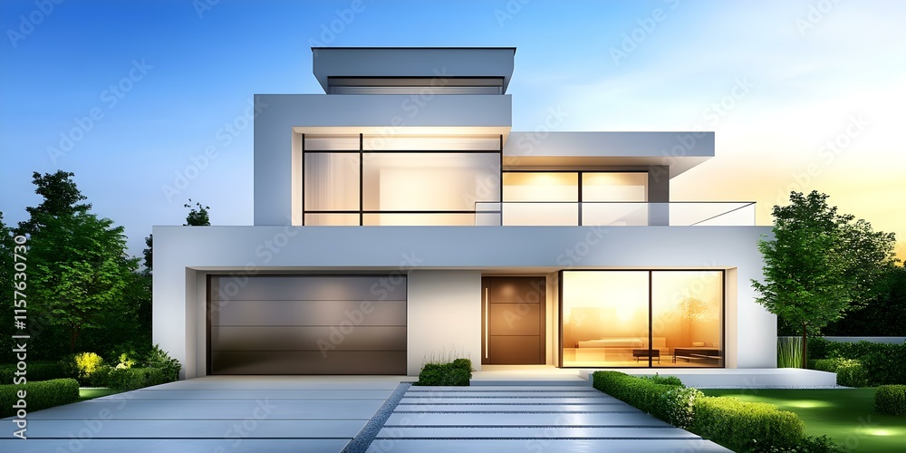 Fototapeta premium A modern two-story house with large windows, a sleek design, and a landscaped front yard, illuminated by soft evening light. Concept Contemporary Architecture, Large Windows, Elegant Landscaping