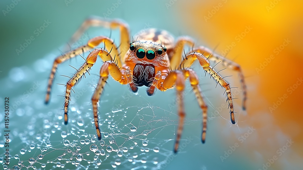 A Vibrant Orange Jumping Spider On Dew Covered Web A Vibrant Orange Jumping Spider On Dew Covered Web