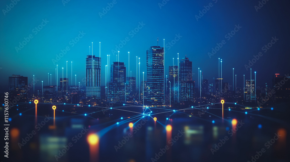 Fototapeta premium Smart digital Innovation city with connection network reciprocity over the cityscape. of future smart wireless digital city and social media networking systems that connects people with in city