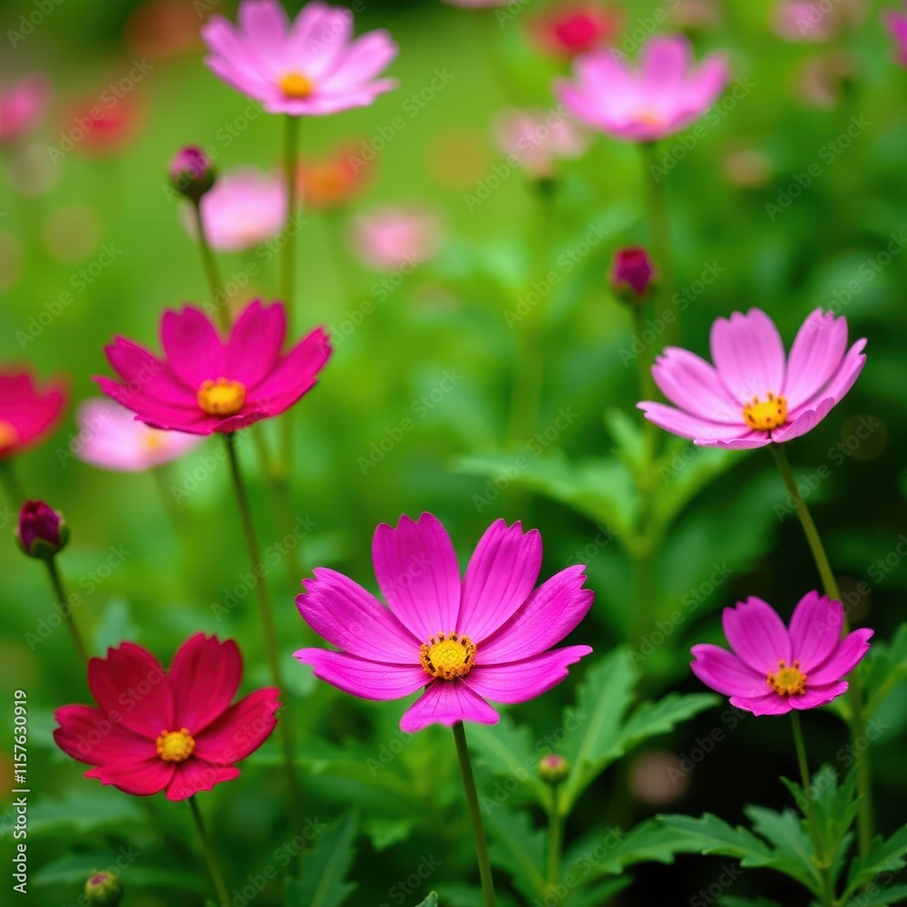 Vibrant cosmos flowers in full bloom spread across the lush green garden, garden blooms, garden decor Vibrant cosmos flowers in full bloom spread across the lush green garden, garden blooms, garden decor