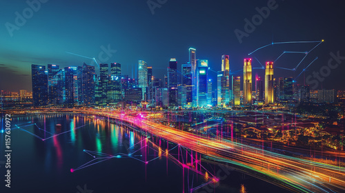 Smart digital Innovation city with connection network reciprocity over the cityscape. of future smart wireless digital city and social media networking systems that connects people with in city