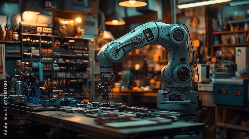 Naklejka premium Industrial Robot Arm Performing Precision Assembly Work