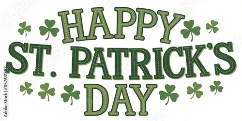 Happy St. Patrick's Day green text and shamrocks on white background. Holiday, banner, card, poster. Place for text.