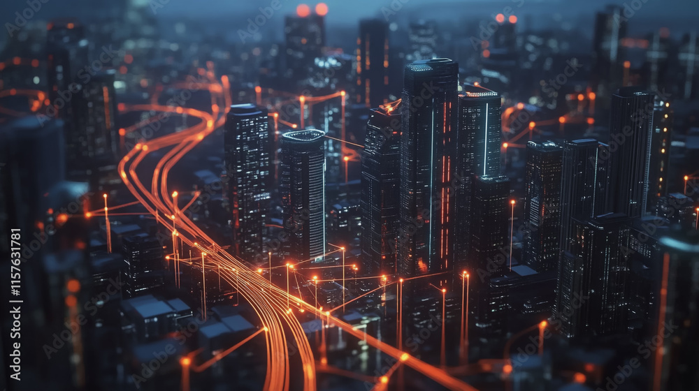 Fototapeta premium Smart digital Innovation city with connection network reciprocity over the cityscape. of future smart wireless digital city and social media networking systems that connects people with in city