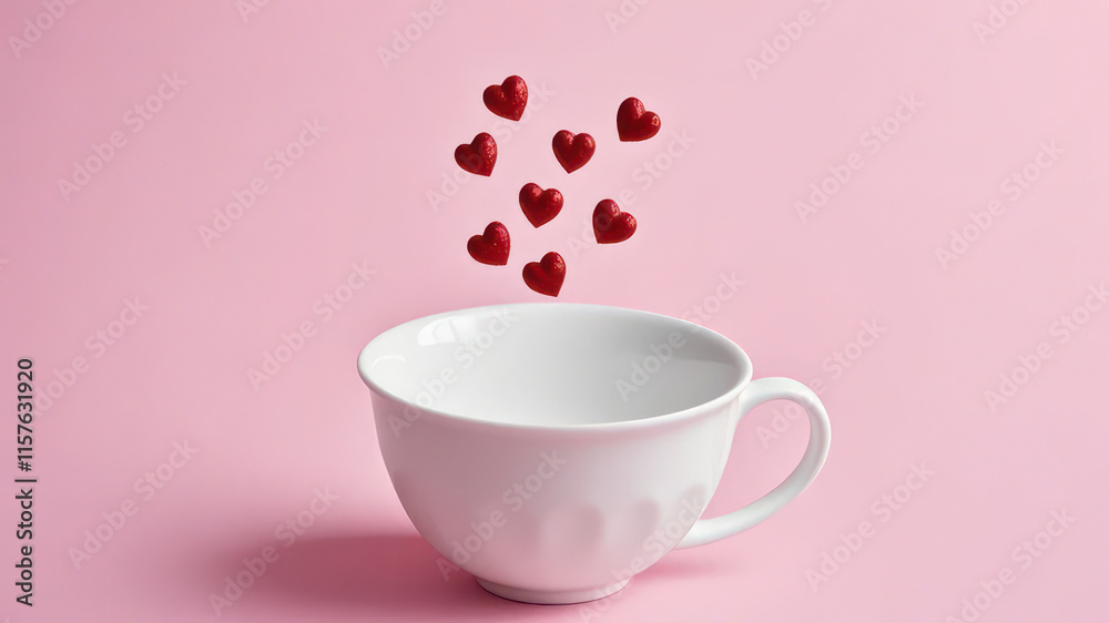 Cup with Red Hearts Against a Vibrant Pink Background Cup with Red Hearts Against a Vibrant Pink Background