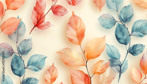 A serene pattern of delicate blue and warm orange leaves, artfully arranged on a soft, cream-colored background, evoking a sense of tranquility. photo