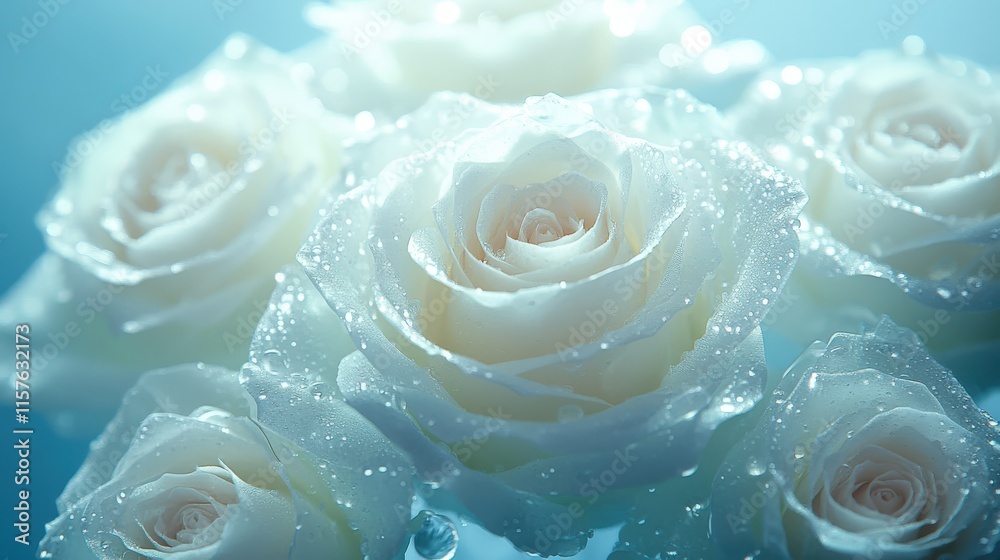 Elegant bouquet of pure white roses illuminated against a serene blue backdrop Elegant bouquet of pure white roses illuminated against a serene blue backdrop
