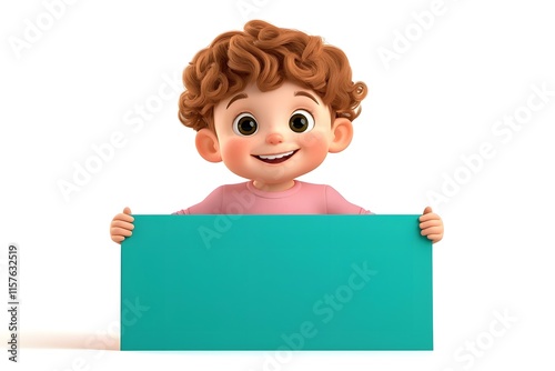 Cheerful Child with Teal Sign Board in Vibrant 3D Cartoon Style for Commercial Photo