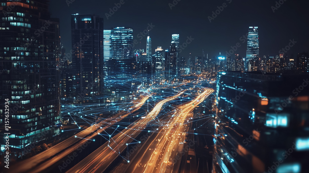 Fototapeta premium Smart digital Innovation city with connection network reciprocity over the cityscape. of future smart wireless digital city and social media networking systems that connects people with in city